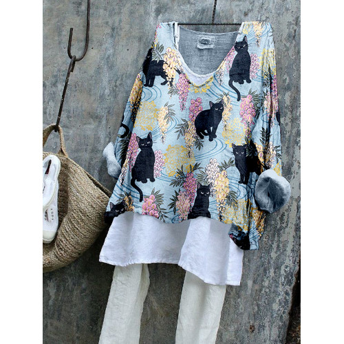 Wisteria Flowers and Black Cats Linen Blend Tunic