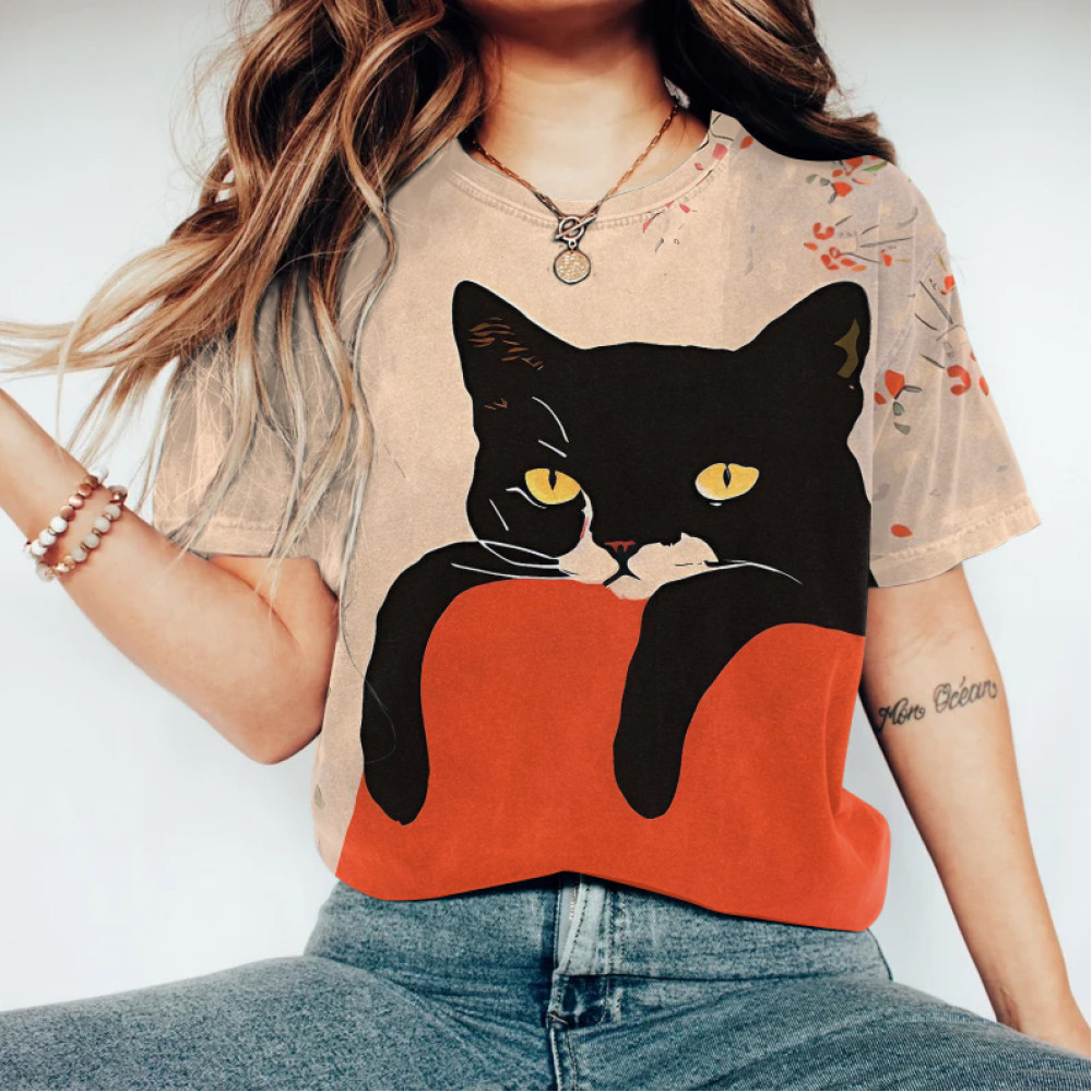 Women‘S Black Cat & Flowers Art Round Neck Casual T-Shirt