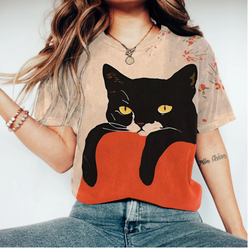 Women‘S Black Cat & Flowers Art Round Neck Casual T-Shirt