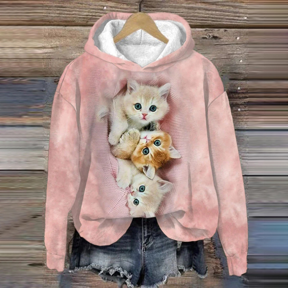 Women'S Casual Cat Printed Long Sleeve Hoodie