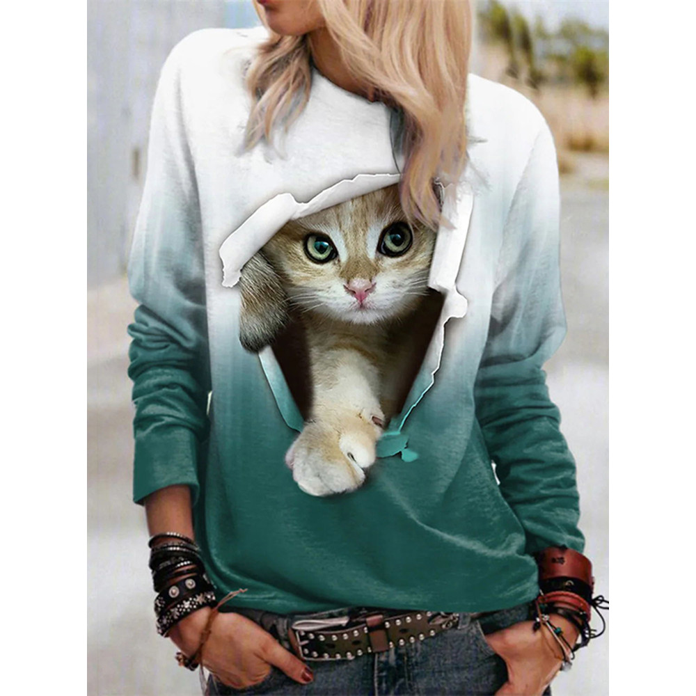 Women's 3D Cat Print Long Sleeve T-Shirt