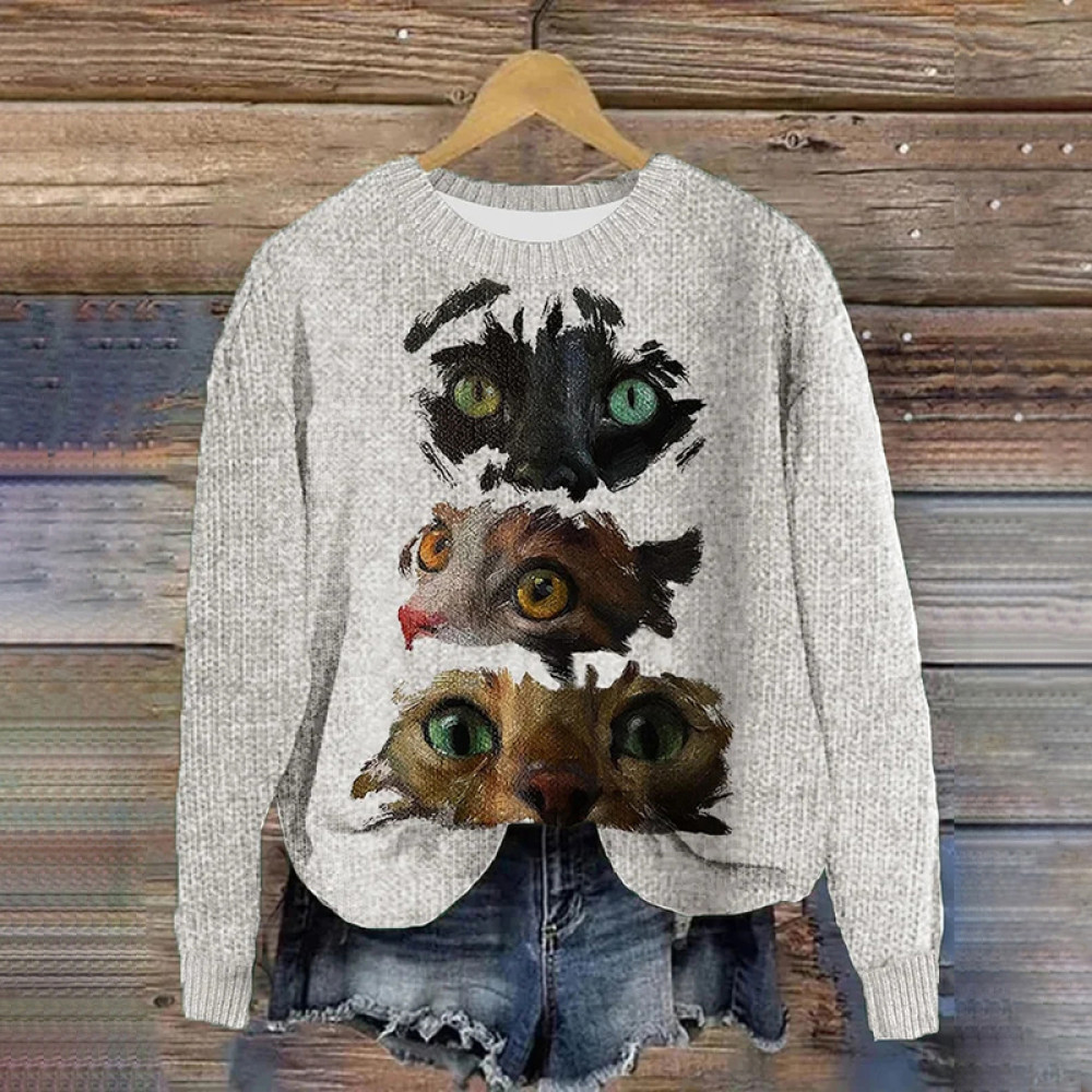 Women's Animal Cat Pattern Long Sleeve Sweater