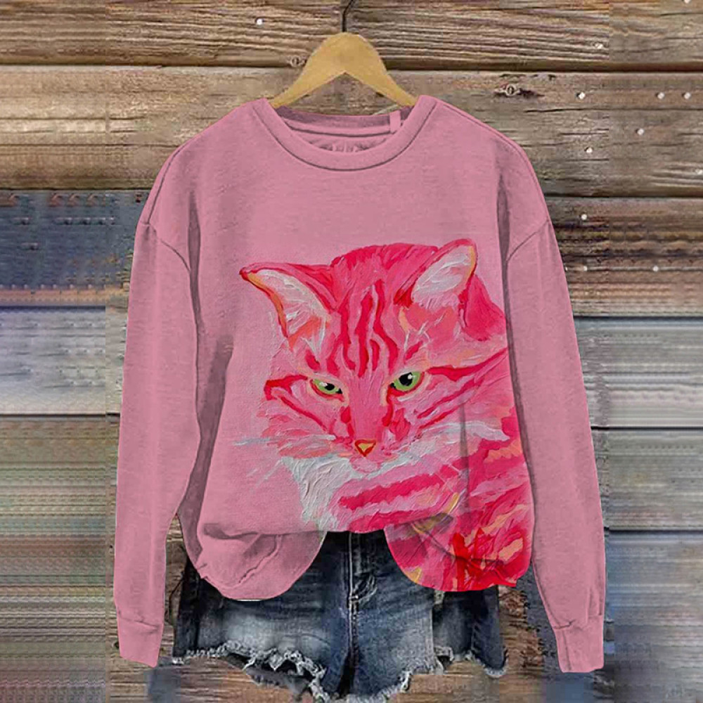 Women's Art Oil Painting Cat Print Casual Round Neck Sweatshirt