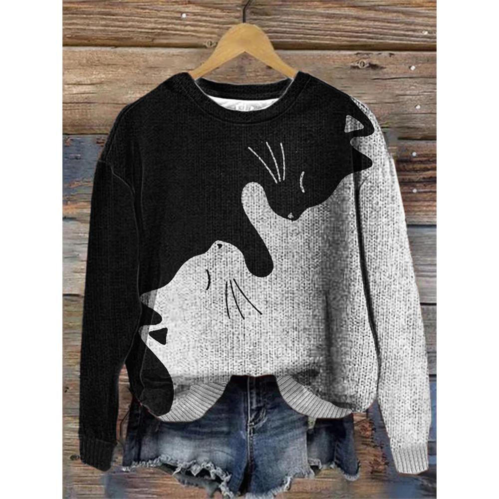 Women's Black And White Cat Print Sweatshirt