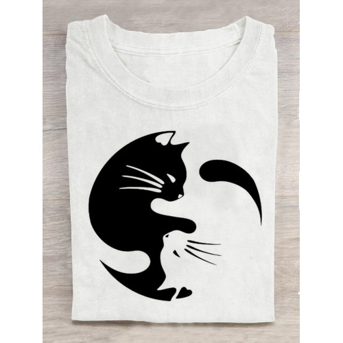 Women's Black And White Cats Print Vintage T-shirt