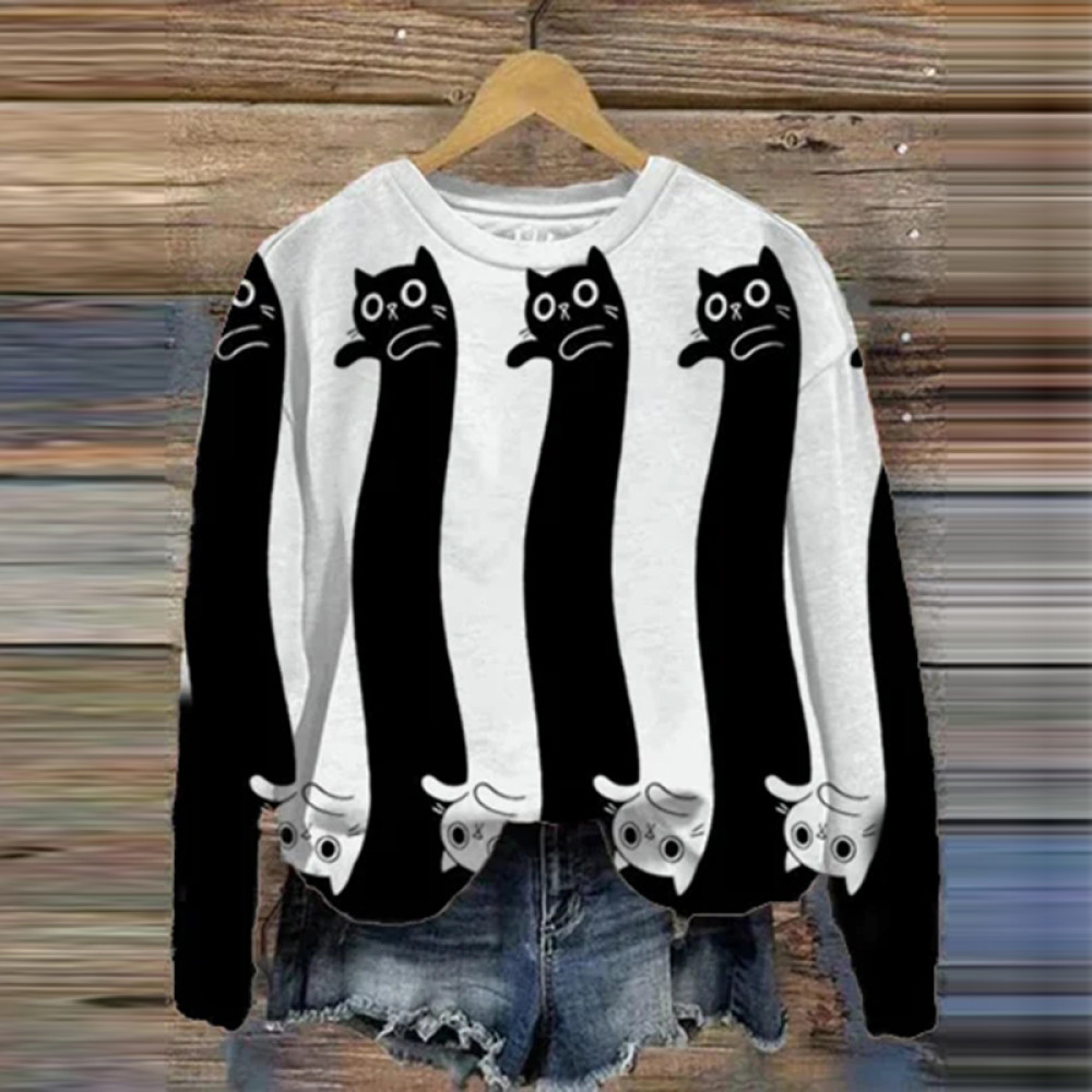 Women's Black And White Fun Cat Sweatshirt