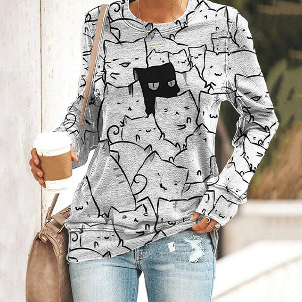 Women's Black Cat In The Middle Of White Cats Print Sweatshirt