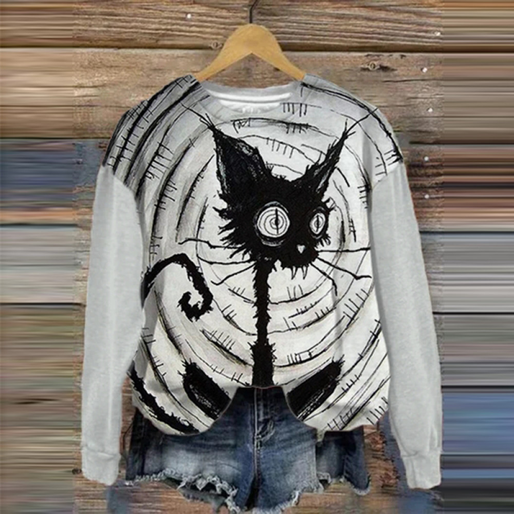 Women's Black Cat Spiral Eyes Art Print Casual Sweatshirt