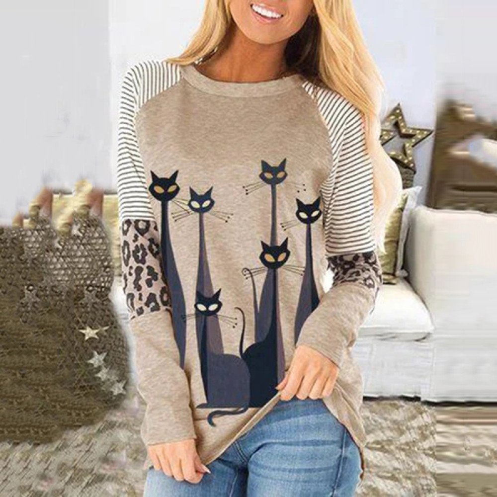 Women's Black Cats Print Stripe Leopard Splice Long Sleeve Tunic