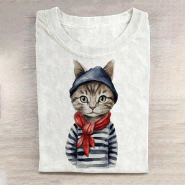 Women's Cartoon Cat Print Long Sleeve T-Shirt