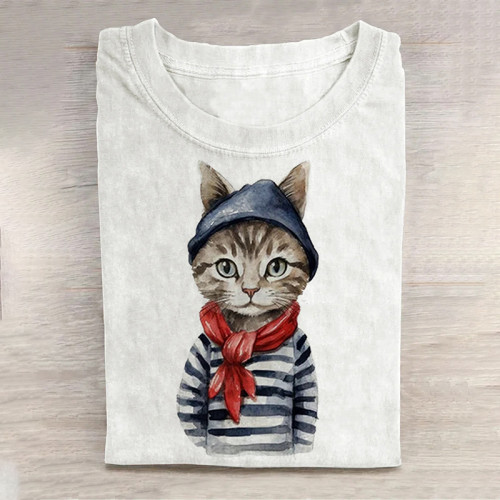 Women's Cartoon Cat Print Long Sleeve T-Shirt