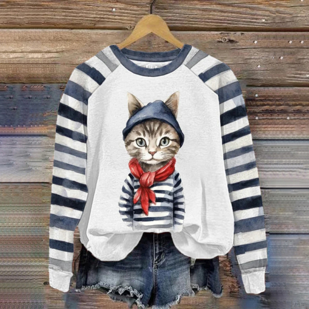 Women's Cartoon Cat Print Sweatshirt