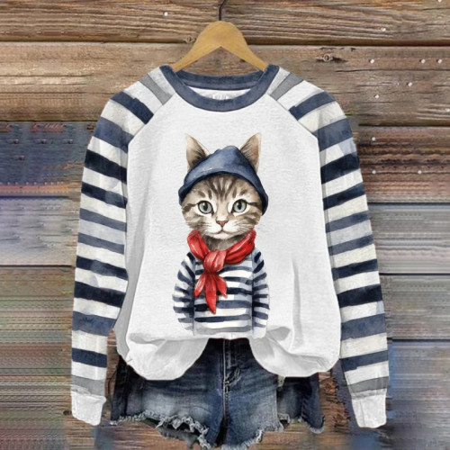 Women's Cartoon Cat Print Sweatshirt
