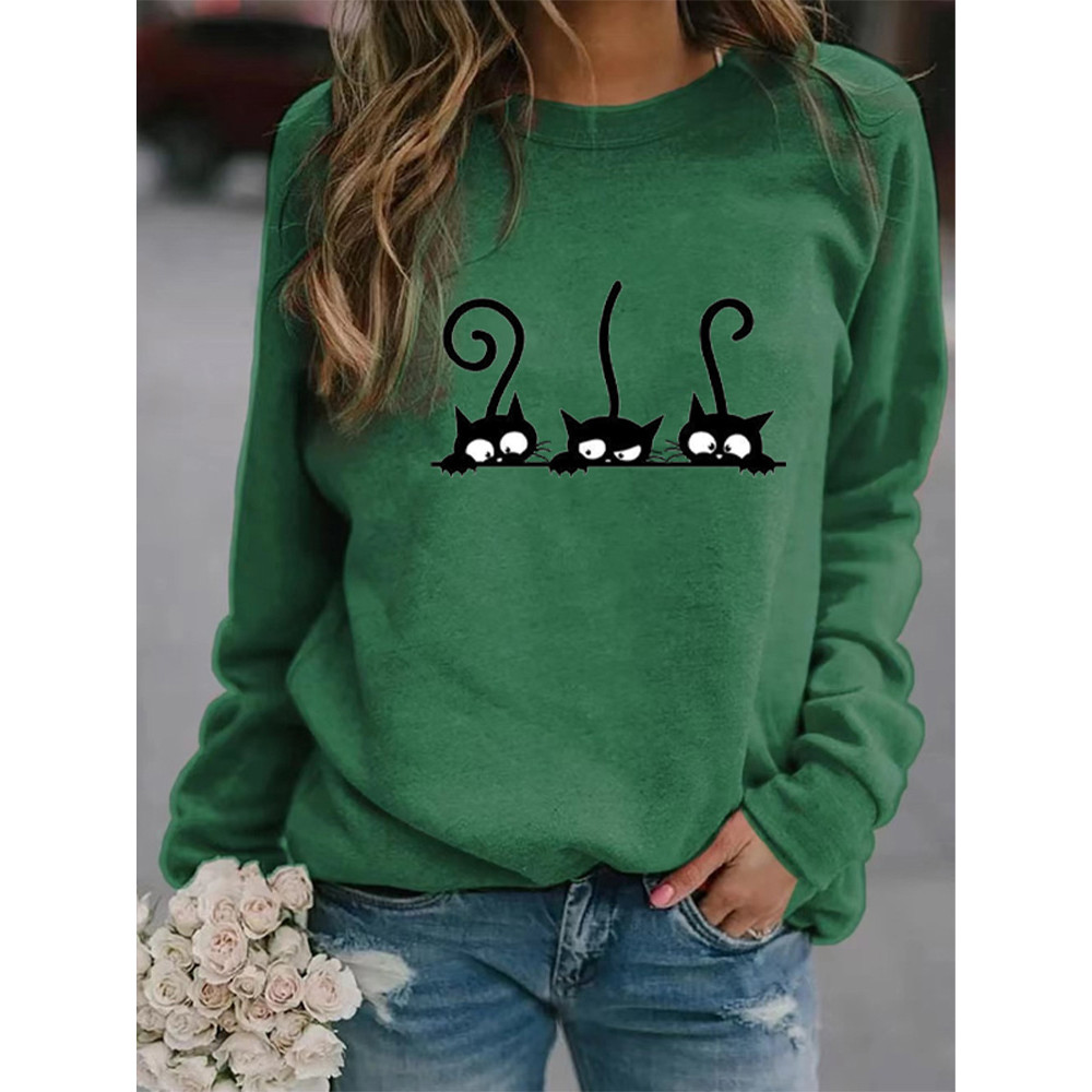 Women's Casual Black Cat Print Sweatshirt