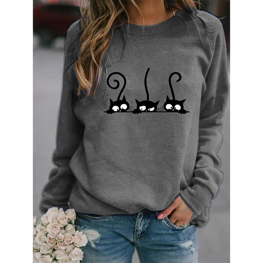 Women's Casual Black Cat Print Sweatshirt
