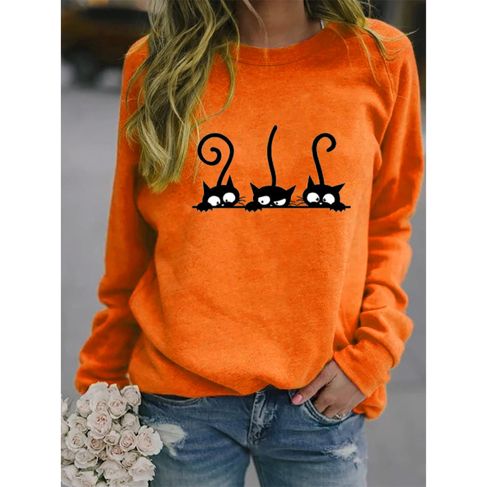 Women's Casual Black Cat Print Sweatshirt