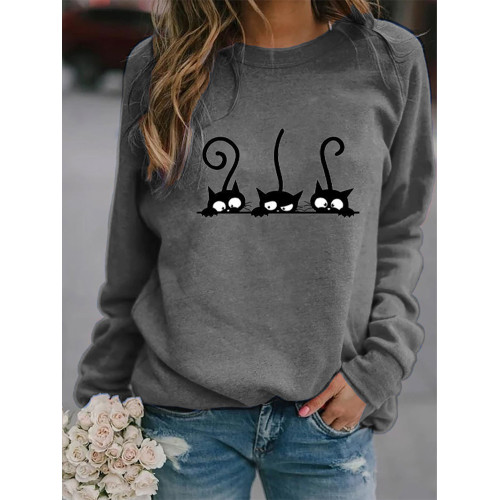 Women's Casual Black Cat Print Sweatshirt