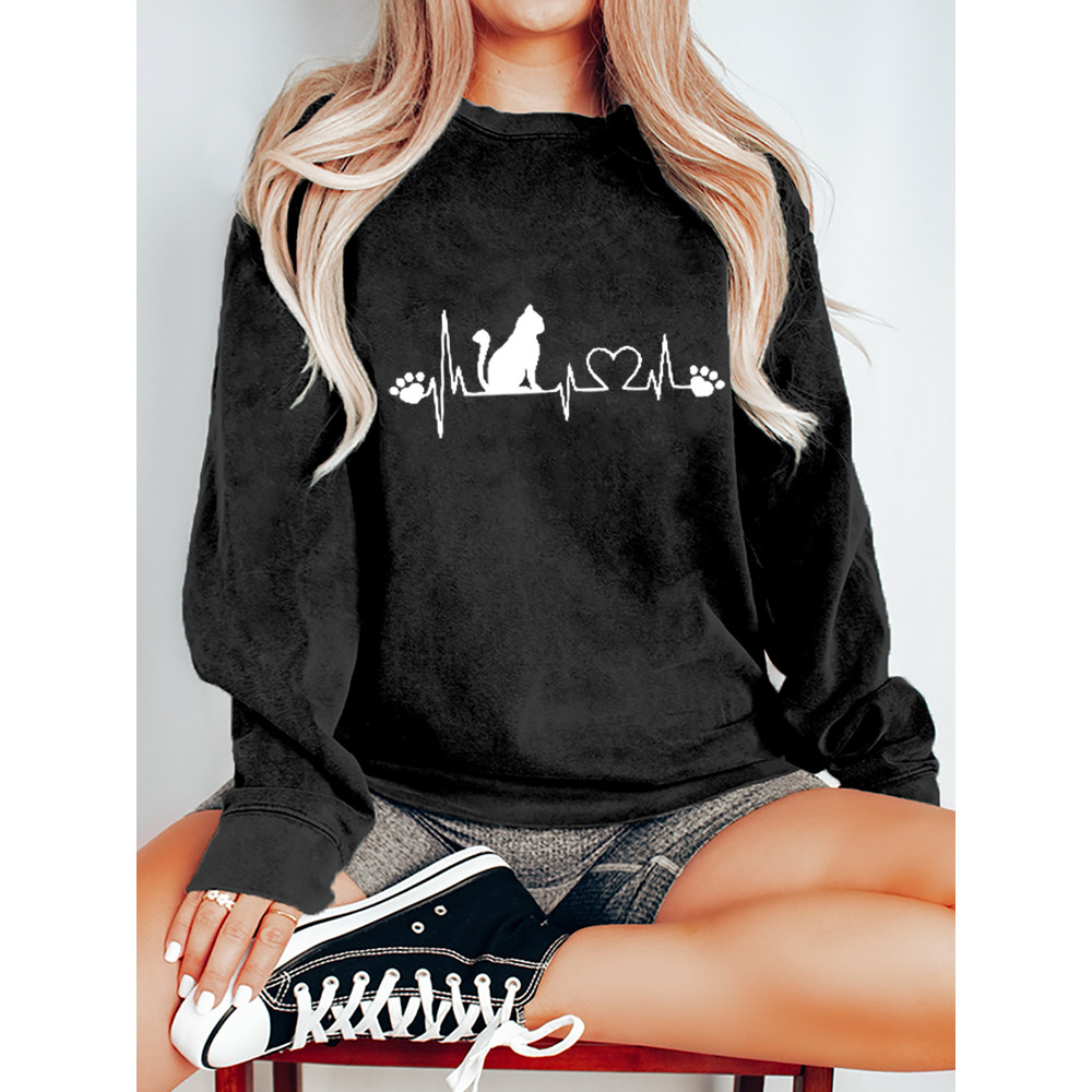 Women's Casual Black Cat Print Sweatshirt
