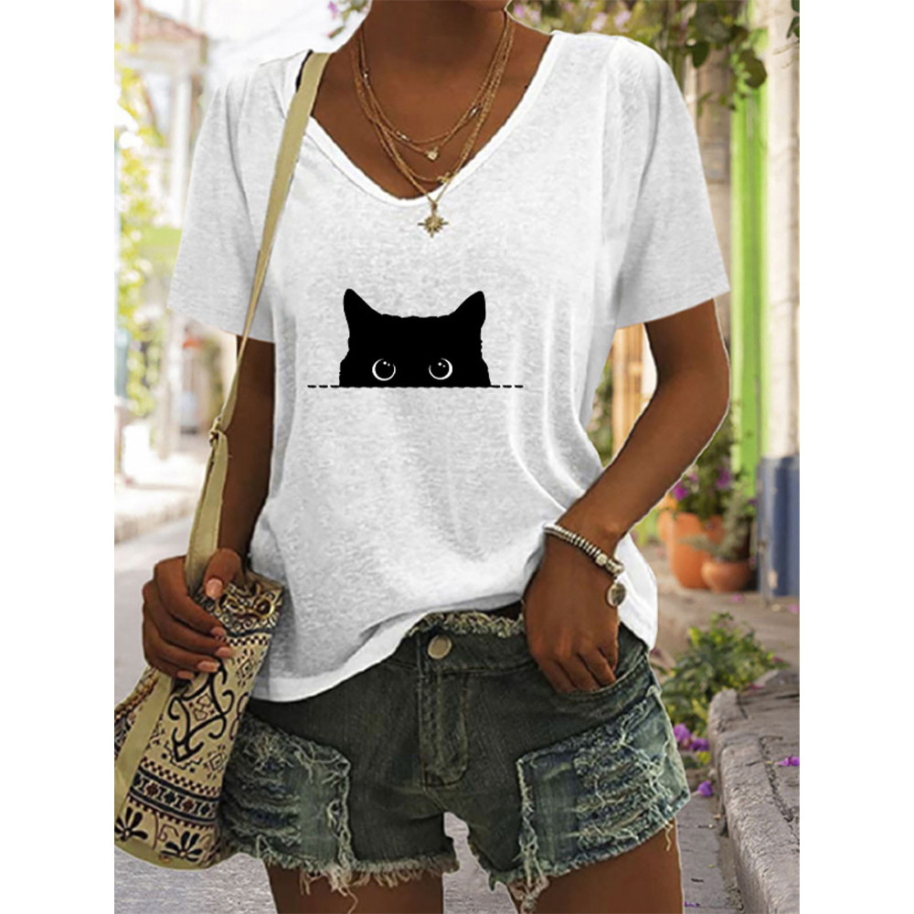 Women's Casual Black Cat Print T-shirt
