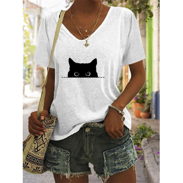 Women's Casual Black Cat Print T-shirt