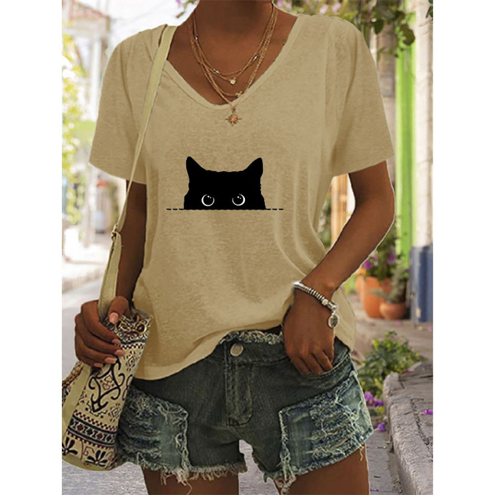 Women's Casual Black Cat Print T-shirt
