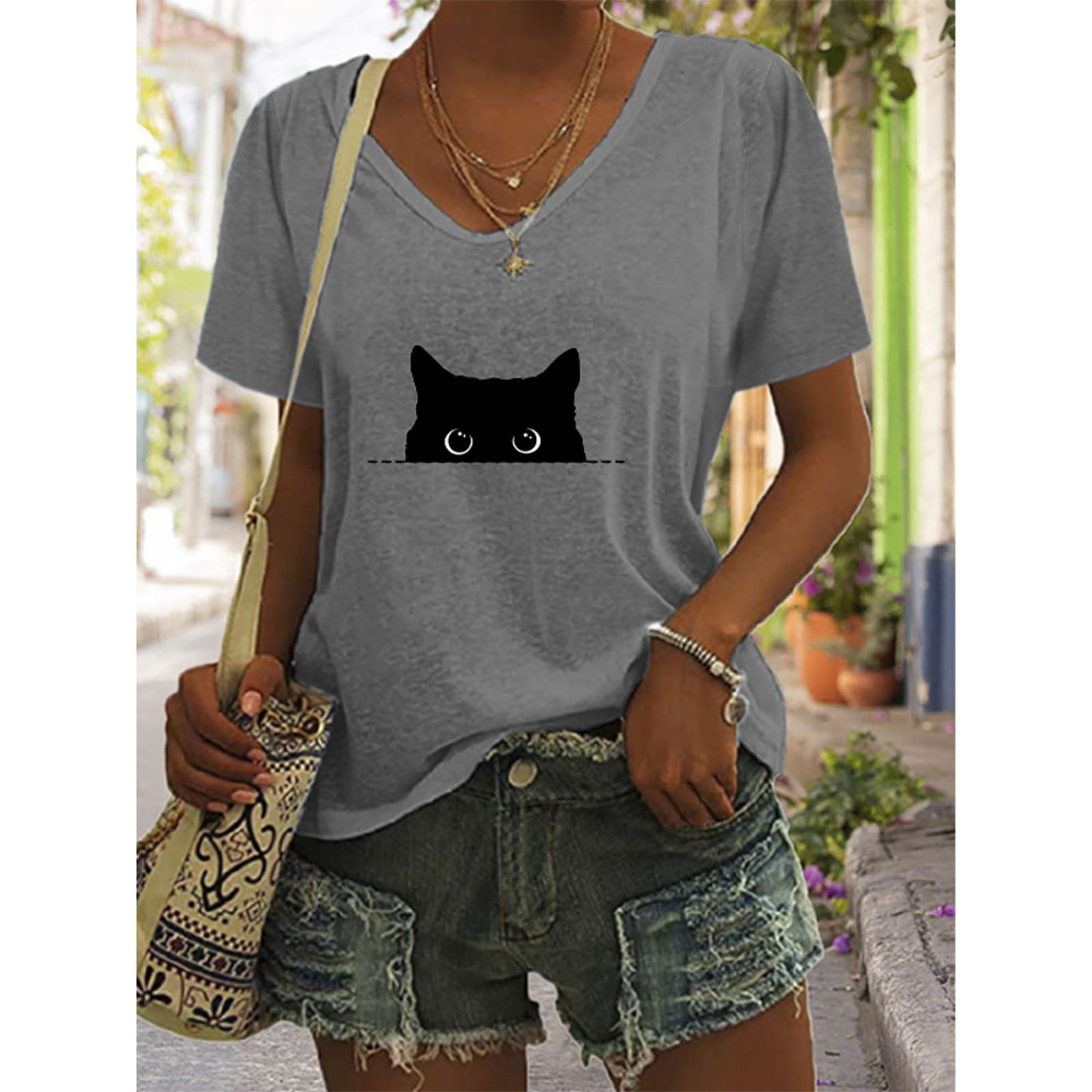 Women's Casual Black Cat Print T-shirt