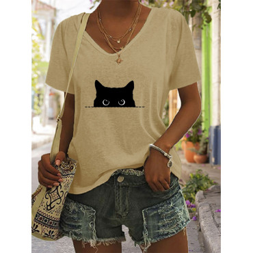 Women's Casual Black Cat Print T-shirt