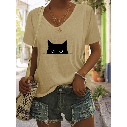 Women's Casual Black Cat Print T-shirt