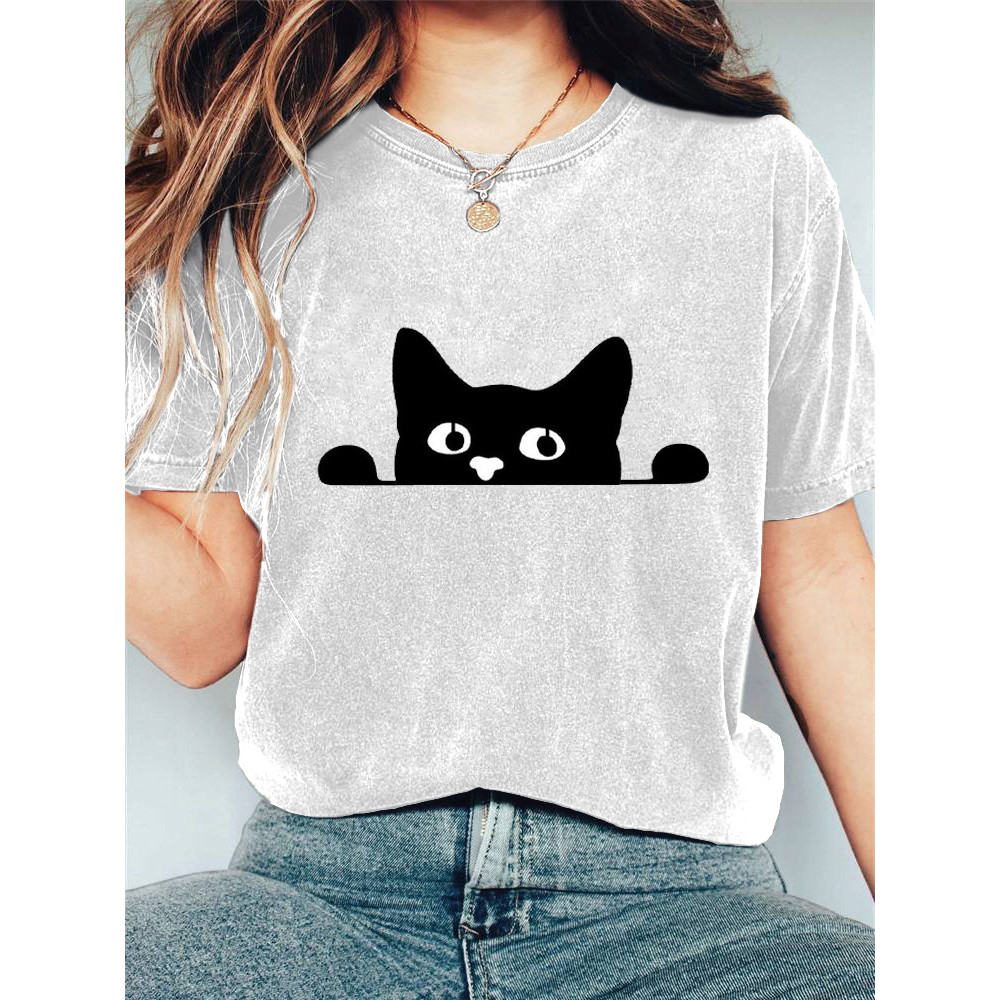 Women's Casual Black Cat Print T-shirt