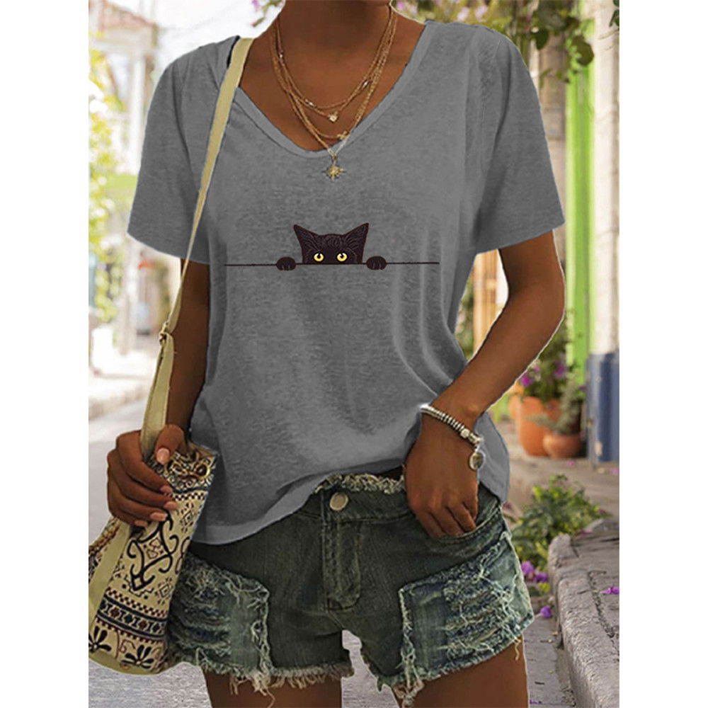 Women's Casual Black Cat Print T-shirt