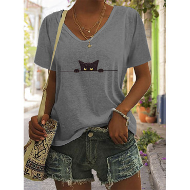 Women's Casual Black Cat Print T-shirt