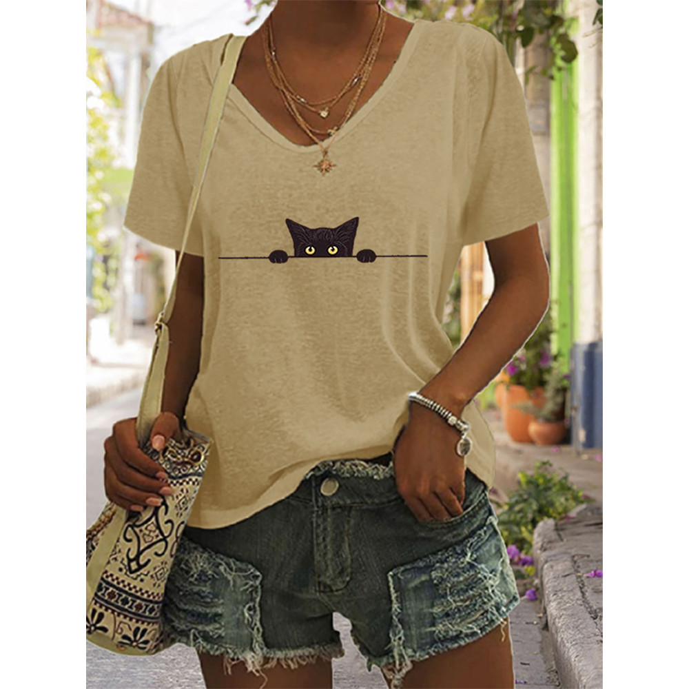 Women's Casual Black Cat Print T-shirt