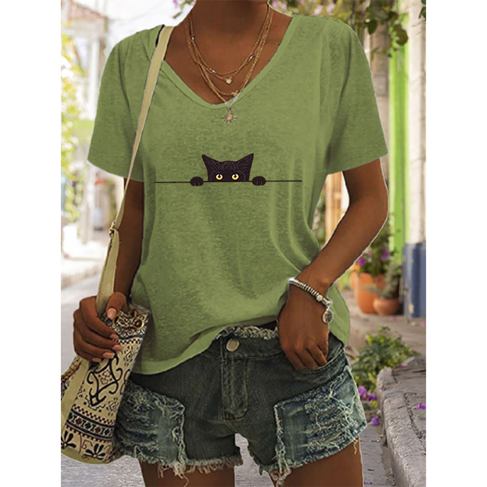 Women's Casual Black Cat Print T-shirt