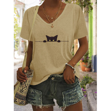 Women's Casual Black Cat Print T-shirt
