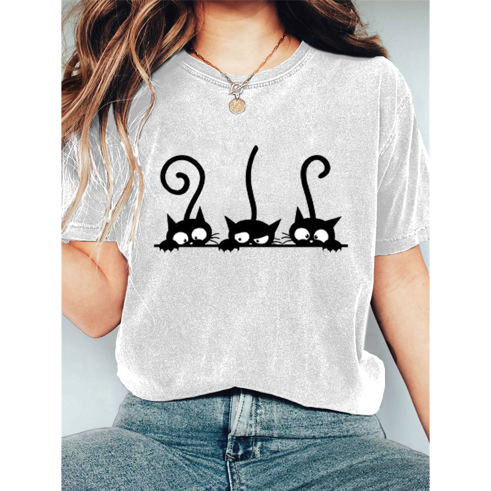 Women's Casual Black Cat Print T-shirt