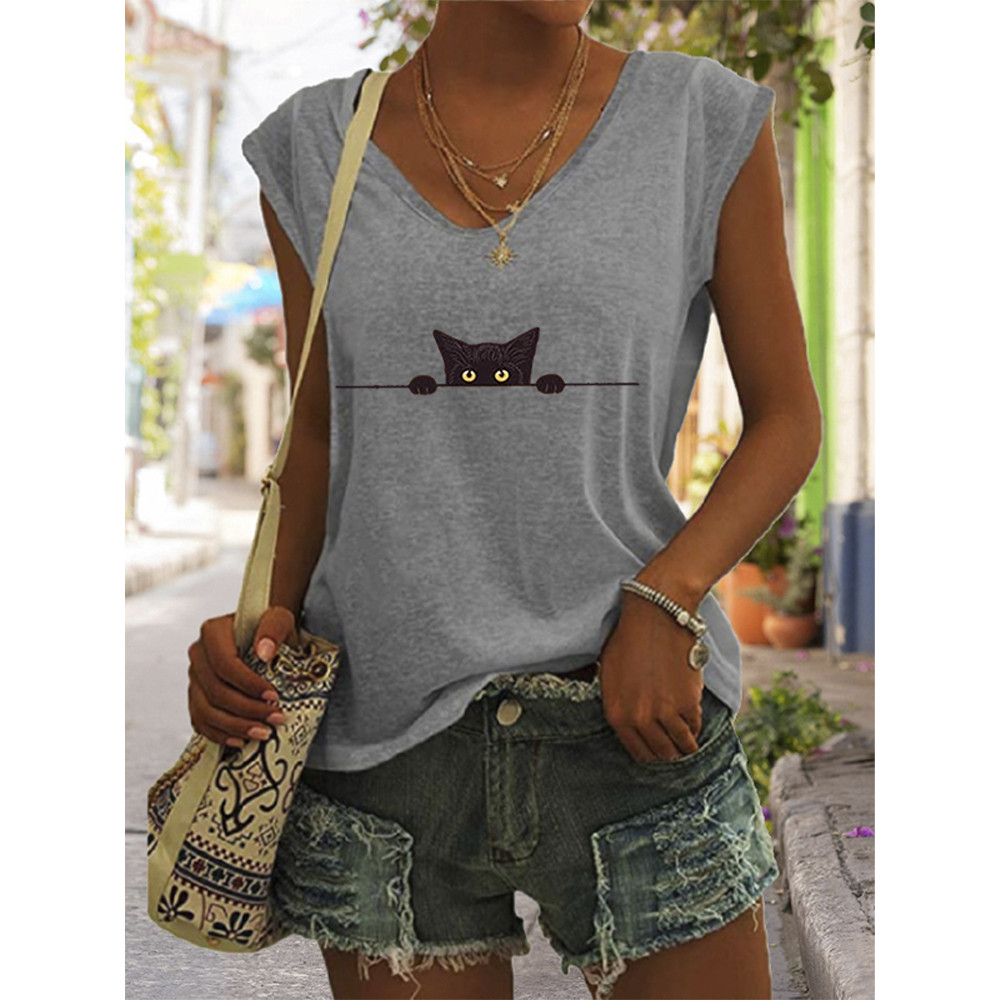 Women's Casual Black Cat Print Vest