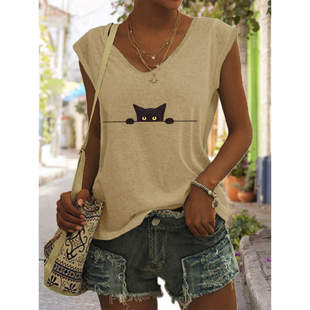 Women's Casual Black Cat Print Vest