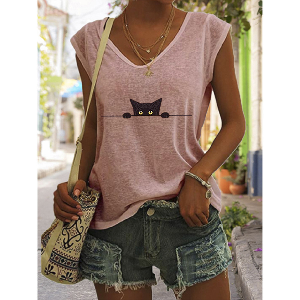 Women's Casual Black Cat Print Vest