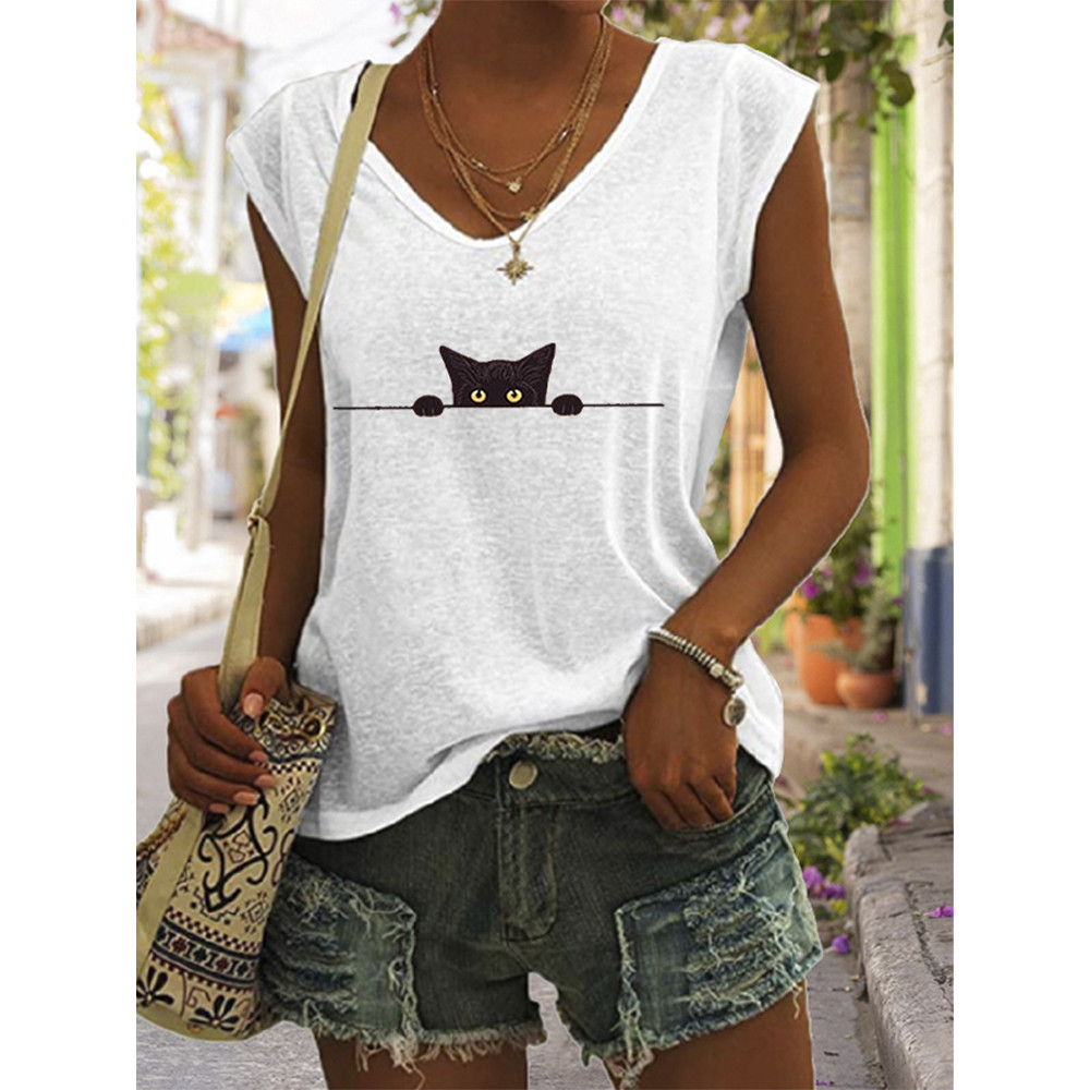 Women's Casual Black Cat Print Vest