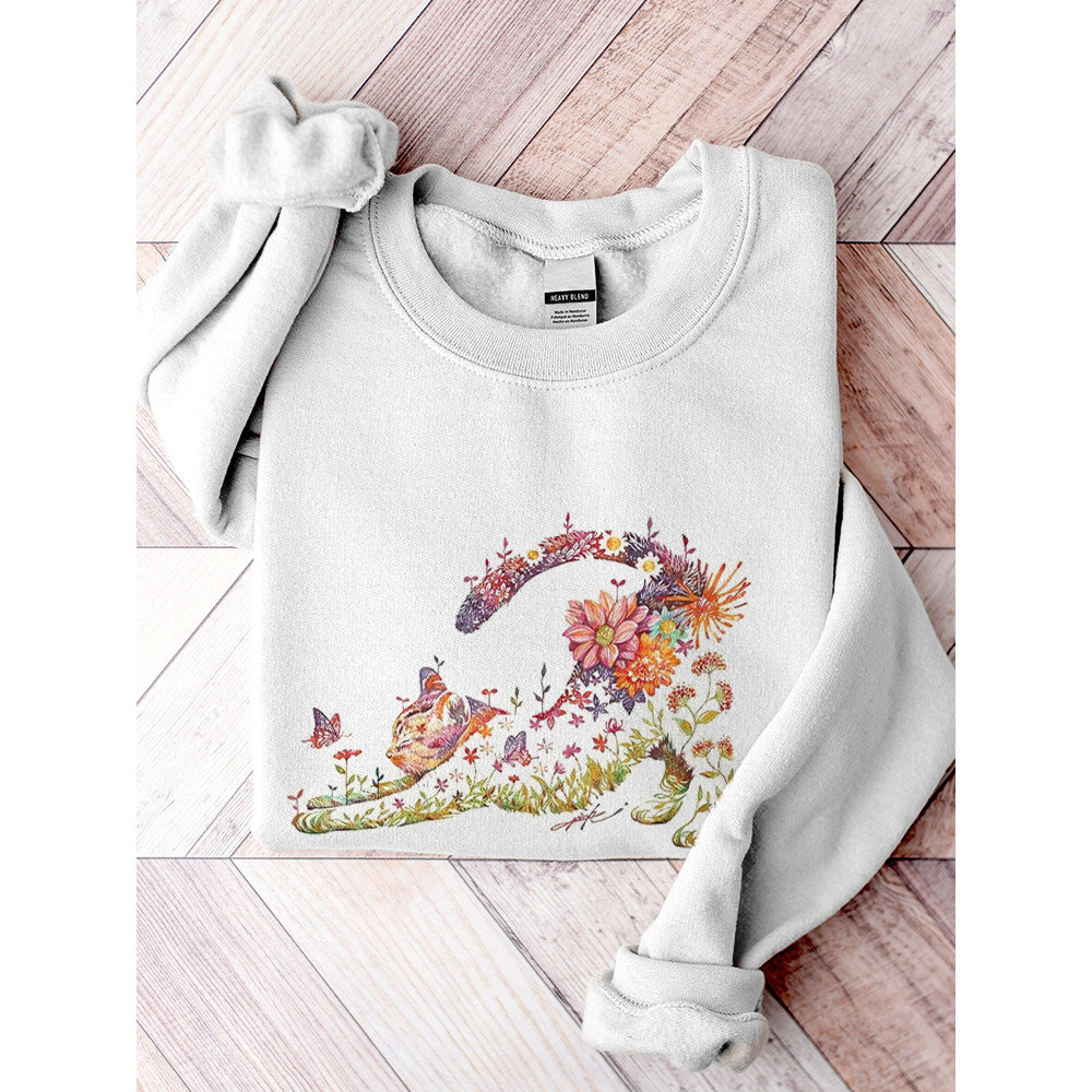 Women's Casual Cat Flower Print Cotton Blend Sweatshirt