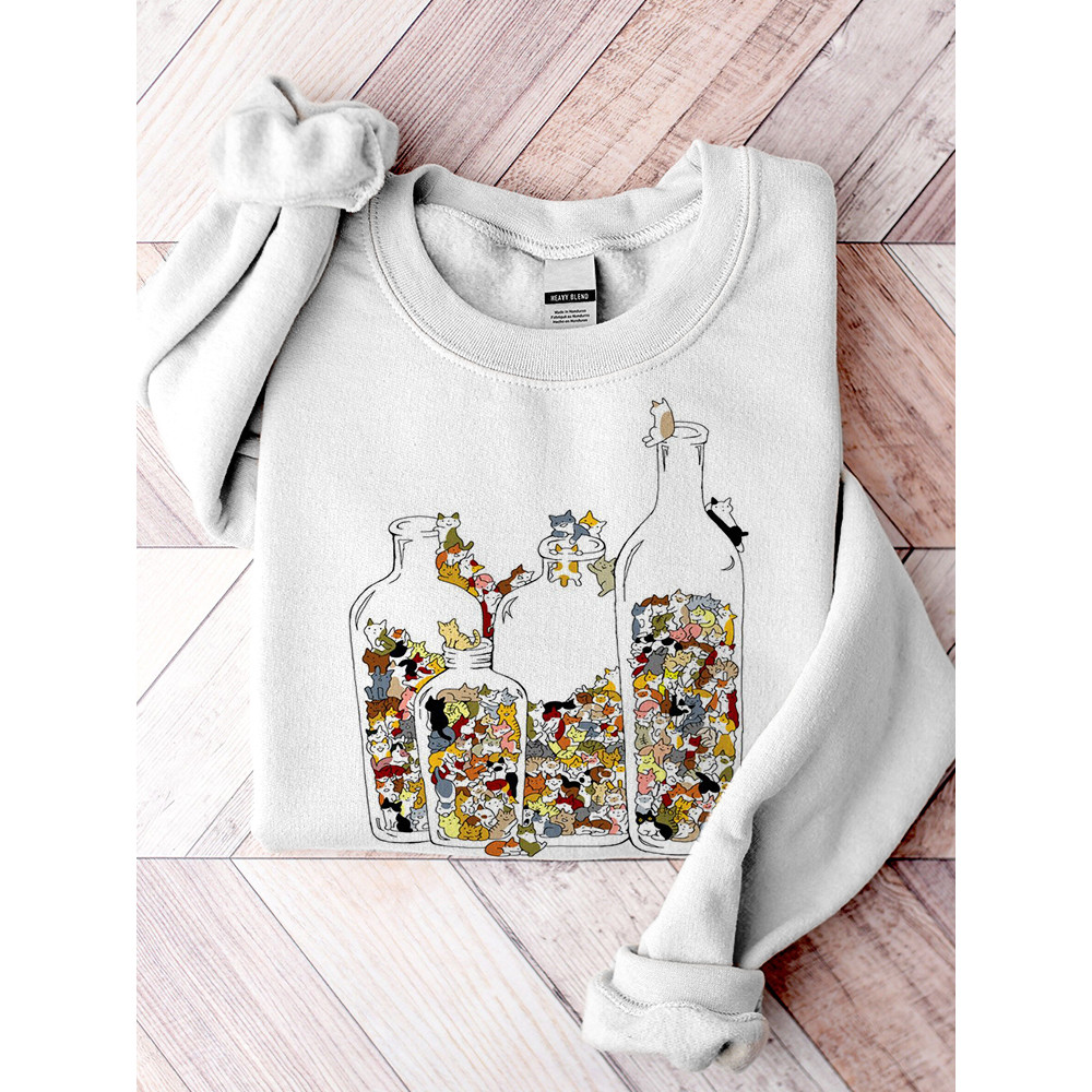 Women's Casual Cat Glass Bottles Print Cotton Blend Sweatshirt