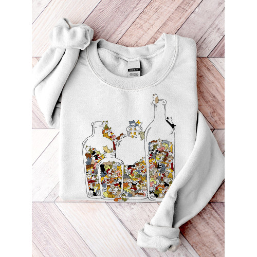 Women's Casual Cat Glass Bottles Print Cotton Blend Sweatshirt