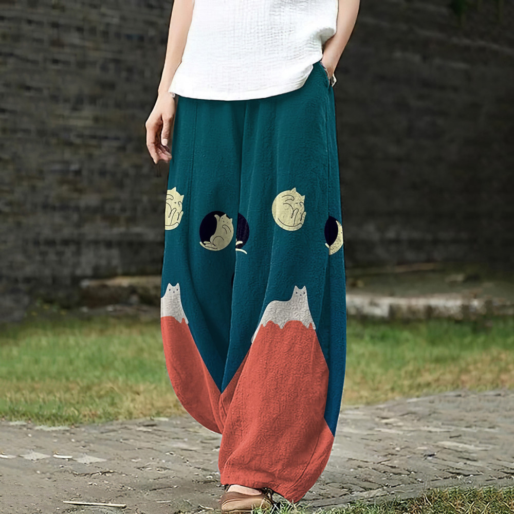 Women's Casual Cat Painting Art Print Loose Pants