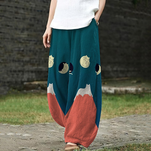 Women's Casual Cat Painting Art Print Loose Pants