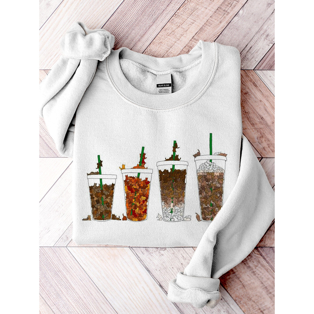 Women's Casual Cat Water Cup Print Cotton Blend Sweatshirt