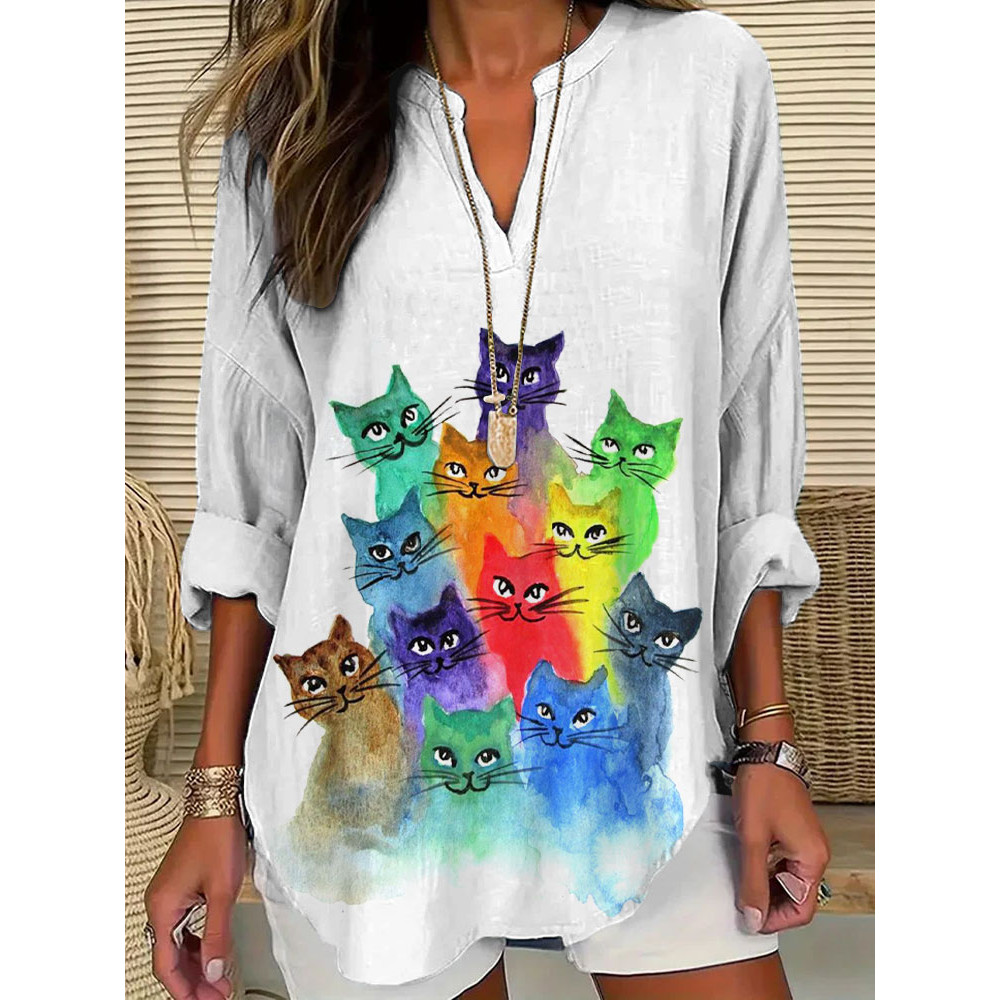 Women's Casual Cat Watercolor Printed T-shirt