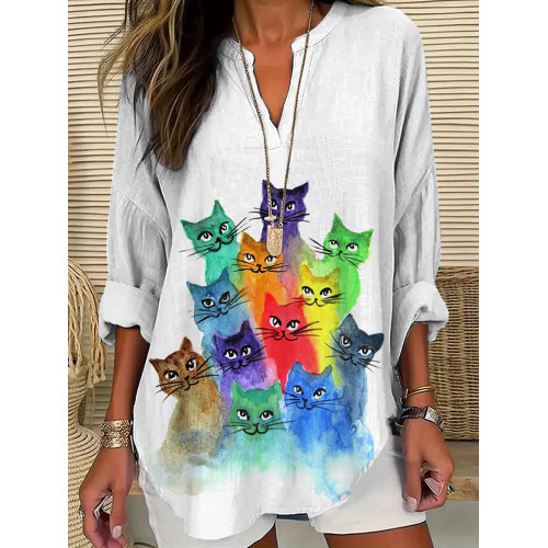 Women's Casual Cat Watercolor Printed T-shirt