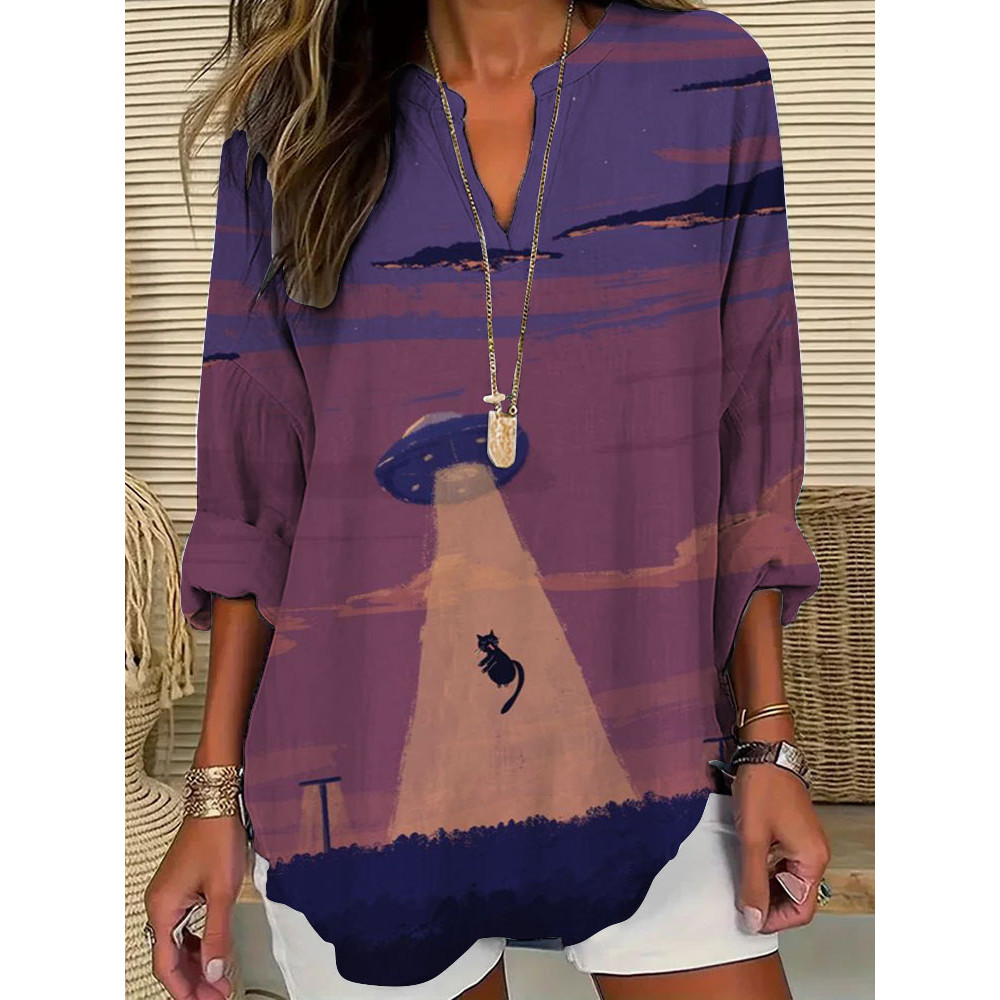 Women's Casual Cat Watercolor Printed T-shirt