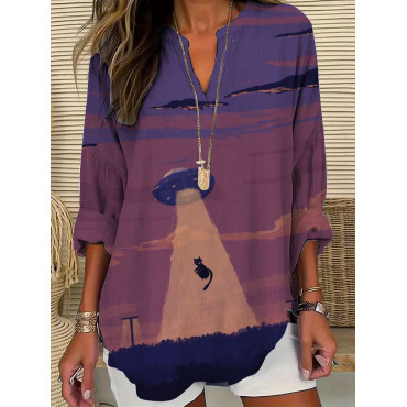 Women's Casual Cat Watercolor Printed T-shirt