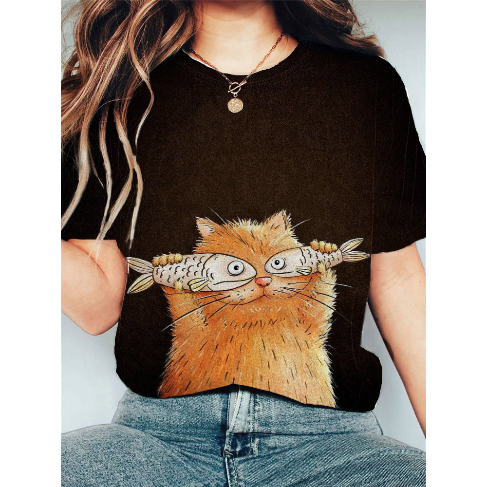 Women's Casual Cute Cat Print Cotton Blend T-Shirt